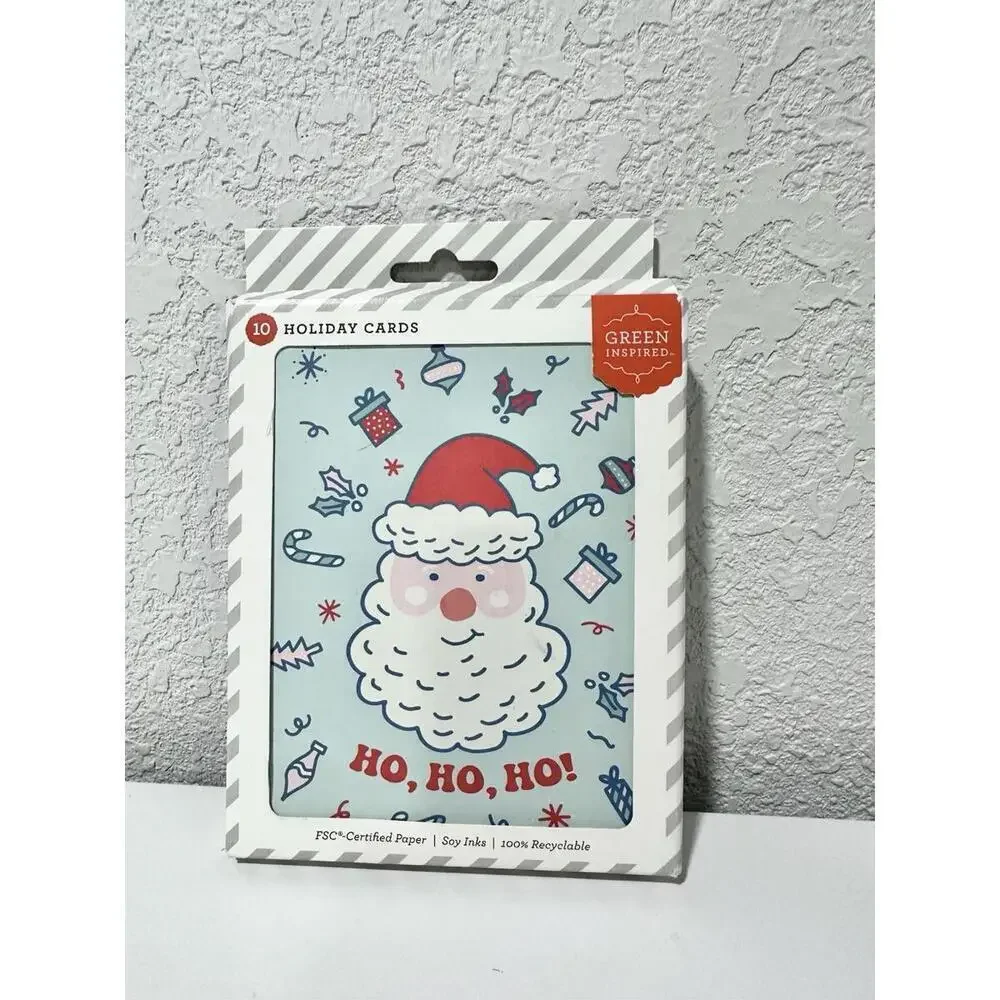 NEW Green Inspired Holiday Note Cards White Envelopes Santa Christmas 10ct Ho Ho